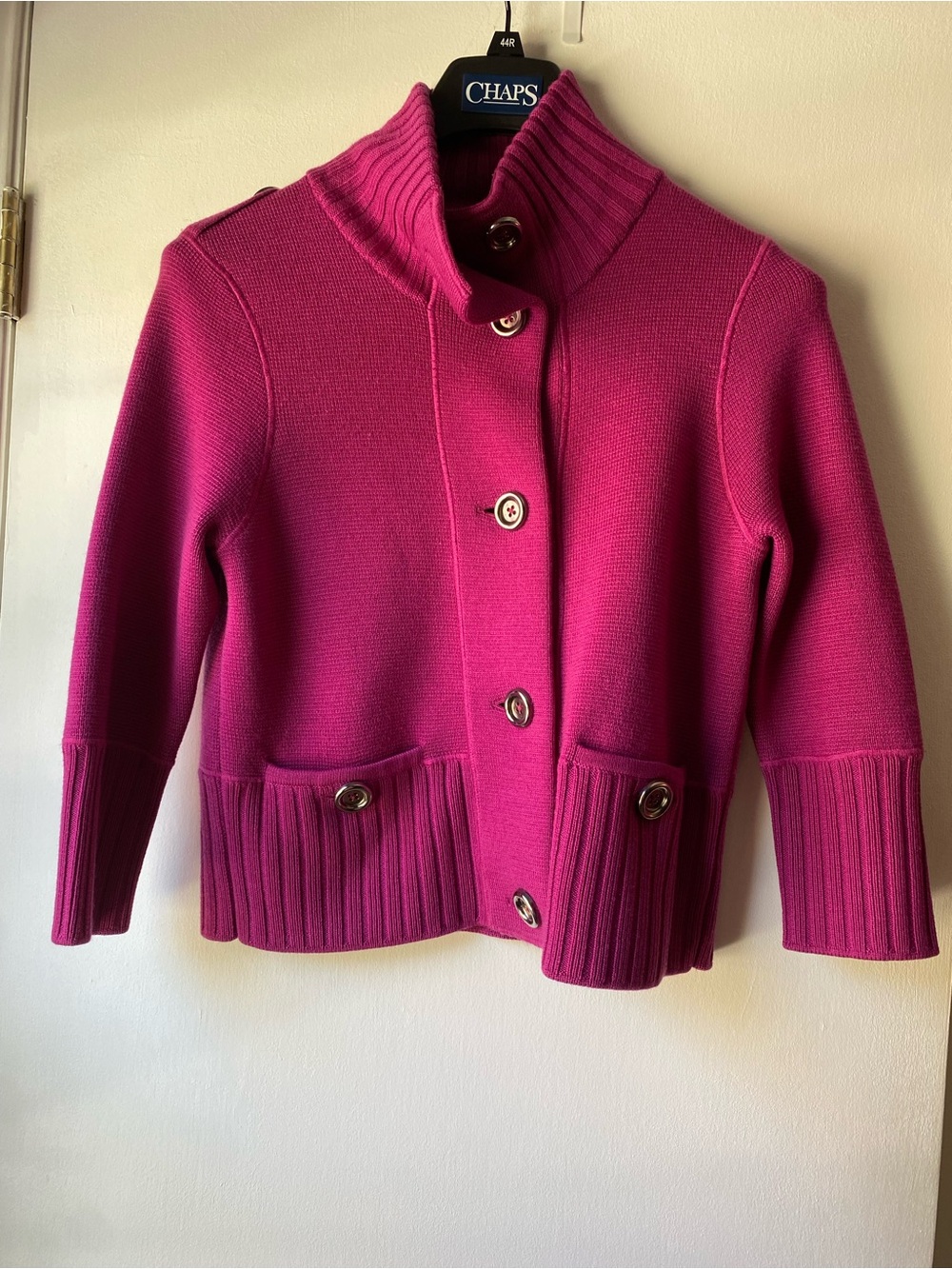 Carlisle 100% Wool Magenta Knit Jacket Sweater High Neck Button Front Size M